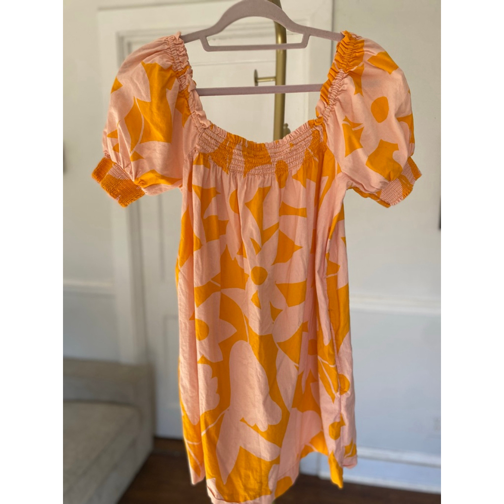 Free People Mila Floral Mini Dress S Boho Puff Sleeve Smocked Pink Orange Beach - Picture 5 of 8